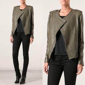 Nour Hammour Erin army green studded leather Biker jacket size FR 36 US 2 4 XS S